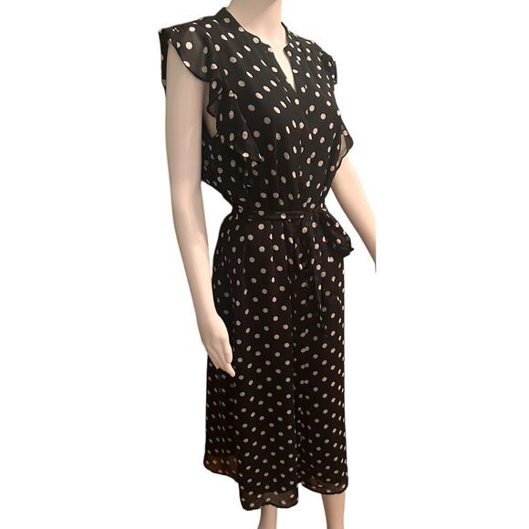 Who What Wear Polka Dot Flowy Belted Flutter Sleeve Midi Dress Sz M Black White - Picture 10 of 14